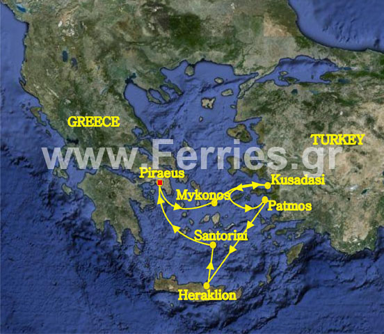 3 Days Cruise from Piraeus - Athens (Greece), Mykonos (Greece), Kusadasi (Turkey), Patmos (Greece), Heraklion (Greece), Santorini (Greece),   Piraeus - Athens (Greece).