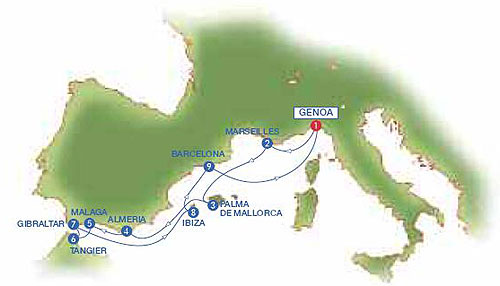 Mediterranean Cruise from Genoa (Italy), Marseilles (France), Palma de Mallorca (Spain), Almeria (Granada - Spain), Malaga (Spain), Tangier (Marocco), Gibraltar, Ibiza (Spain), Barcelona (Spain), Genoa (Italy).