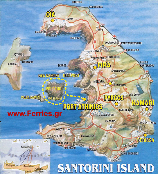Santorini island map - One Day Cruise to Santorini ( Thira ) from Heraklion ( Iraklion ) Crete island. -  Two Days Tour to Santorini ( Thira ) from Heraklion ( Iraklion ) Crete island.