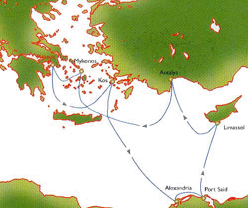 7-Day Cruise " Three Continents " to Aegean islands, Egypt, Cyprus and Turkey. Piraeus (Athens - Greece), Kos (Greece), Alexandria (Egypt), Port Said (Egypt), Limassol (Cyprus), Antalya (Turkey), Mykonos (Greece), Piraeus (Athens - Greece).