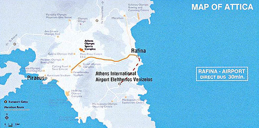 Alpha Ferries. Map of Athens - Piraeus - Rafina. Travel to Cyclades. Departures from Rarina to Andros, Tinos, Mykonos, Paros, Naxos.