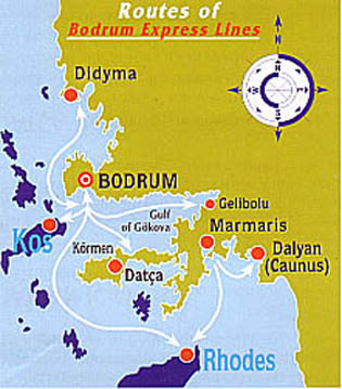 Bodrum Express Ferries routes from/to Rodos, Kos, Marmaris, Gokova, Dalyan, Datsa.