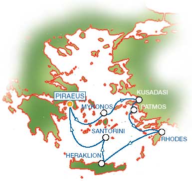4-Day Golden Classic -  Piraeus - Athens (Greece), Mykonos (Greece), Kusadasi - Ephessos (Turkey), Patmos (Greece), Rhodes (Greece), Heraklion - Crete (Greece), Santorini (Greece), Piraeus- Athens (Greece).