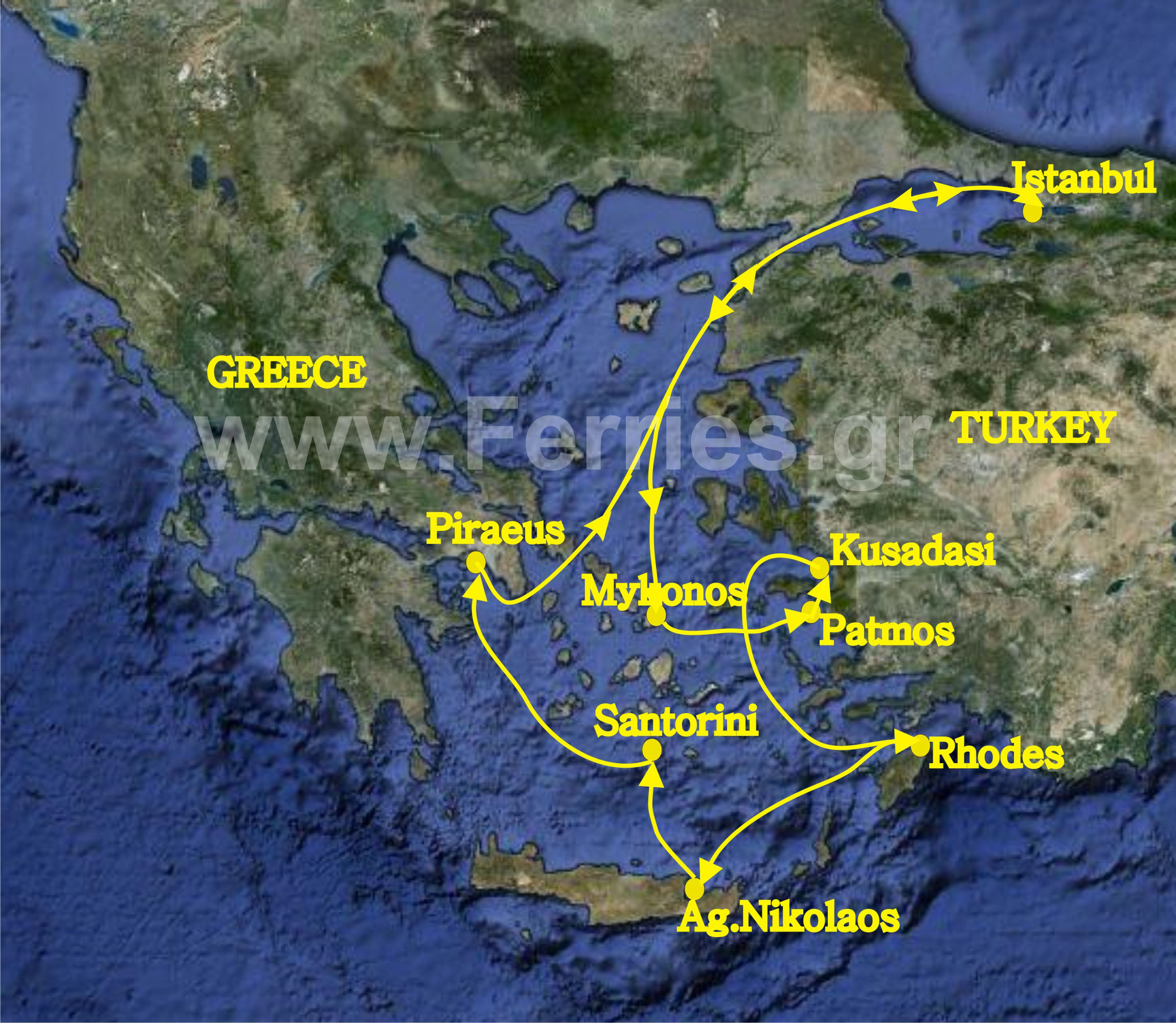 7-Day Cruise to Aegean islands and Turkey. From Piraeus (Athens) Greece to Istanbul (Turkey), Mykonos (Greece), Patmos (Greece), Kusadasi (Ephessos) Turkey,  Rhodes (Greece), Heraklion (Crete) Greece, Santorini (Greece), Piraeus (Athens).