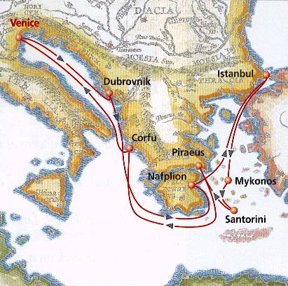 7-Day Cruise to Aegean islands, Italy, Croatia and Turkey. Venice (Italy), Dubrovnik (Croatia), Nafplion (Mycenae/Epidauros), Dardanelles Strait, Istanbul (Turkey), Mykonos, Santorini, Piraeus (Athens), Corfu, Venice (Italy).