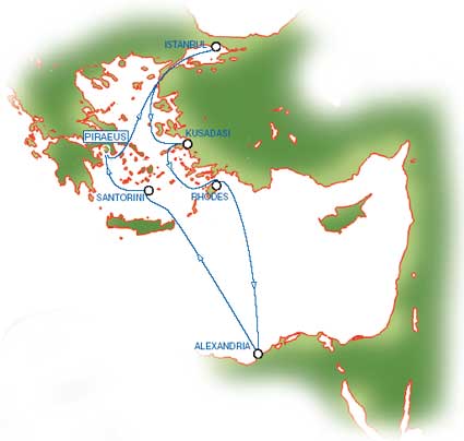 7-Day Cruise to Aegean islands Turkey and Egypt. From Piraeus (Athens) Greece to Istanbul (Turkey), Kusadasi (Ephessos) Turkey, Rhodes (Greece), Alexandria (Egypt), Santorini (Greece), Piraeus (Athens).