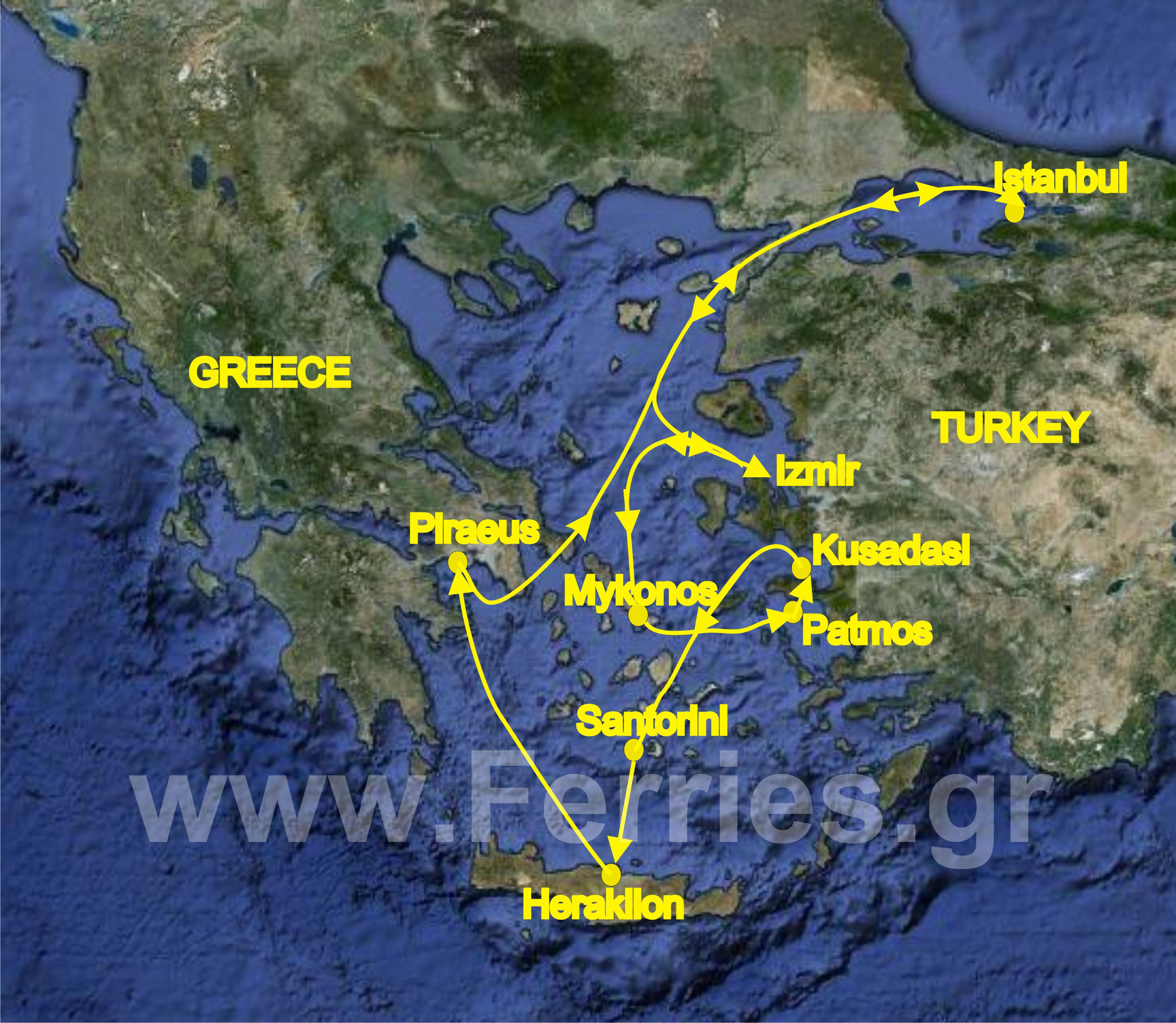 7-Day Cruise to Aegean islands and Turkey. From Piraeus (Athens) Greece to Istanbul (Turkey), Mykonos (Greece), Patmos (Greece), Kusadasi (Ephessos) Turkey, Rhodes (Greece), Heraklion (Crete) Greece, Santorini (Greece), Piraeus (Athens).