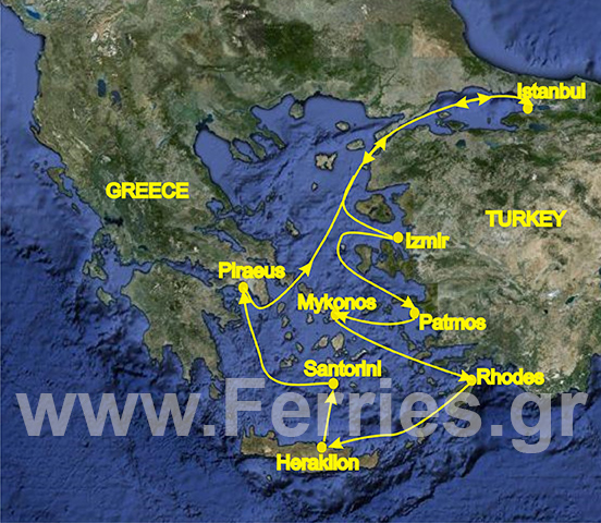 7-Day Cruise to Aegean islands and Turkey. From Piraeus (Athens) Greece to Istanbul (Turkey), Ismir (Turkey), Mykonos (Greece), Patmos (Greece), Kusadasi (Ephessos) Turkey,  Rhodes (Greece), Heraklion (Crete) Greece, Santorini (Greece), Piraeus (Athens).