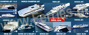 Tera Jet. Iraklio, Santorini, Ios, Naxos, Mykonos - Sea Jets Tera Jet - Heraklion (Crete), Santorini, Ios, Paros, Naxos, Mykonos - Santorini one day from Heraklion -  Rethymnon (Crete) - Santorini - Rafina (Athens) Tinos, Mykonos, Paros, Piraeus (Athens) Milos, Folegandros, Syros, Santorini, Koufonissi Amorgos. - Piraeus (Athens), Mykonos, Naxos, Santorini (Thira), Ios, Folegandros, Milos, Sifnos.