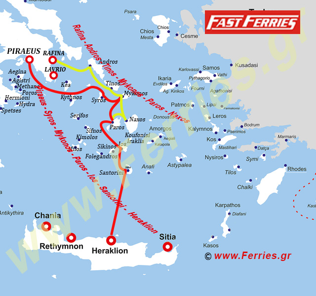 Cyclades Fast Ferries Χάρτης δρομολογίων