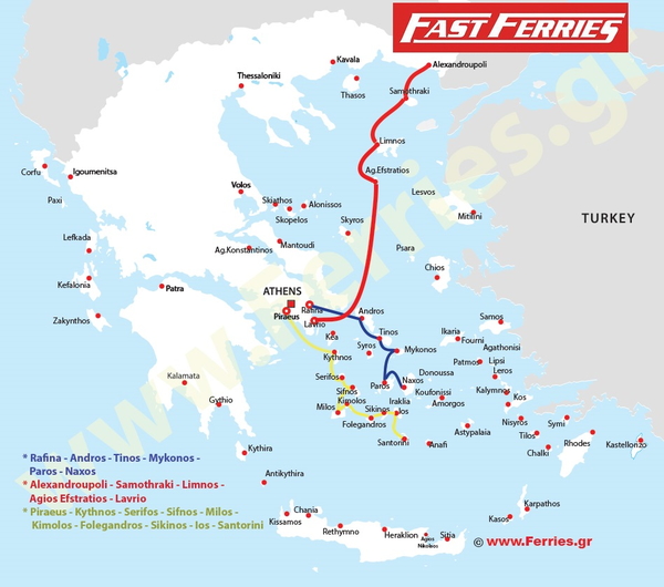 Cyclades Fast Ferries Χάρτης δρομολογίων
