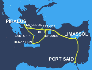 Salamis Lines shipping co. All year round service to Greece, Cyprus & Egypt. Salamis Lines Ferries from / to Greece ( Piraeus, Patmos, Rhodes, Kos, Heraklion, Santorini ),  Cyprus - Limassol and Egypt - Port Said.